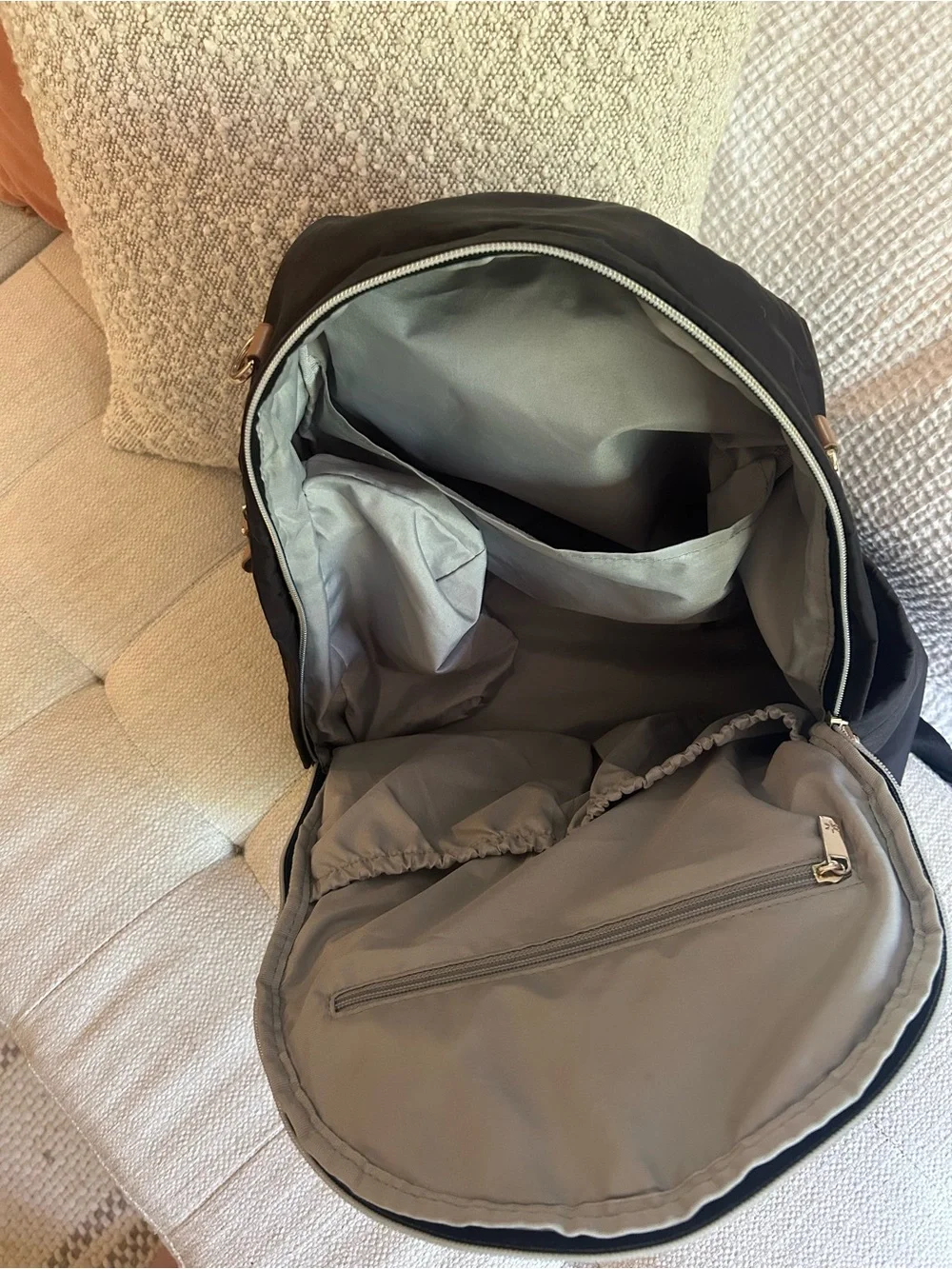 Skip Hop 6 in 1 Black Quilted Diaper Backpack with Tan Trim and Accessories